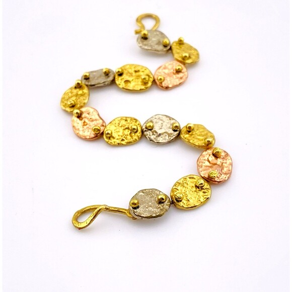 Brutalist Modernist Anne Dick Oval Hammered Mixed Metal Disc Links Bracelet VTG - Picture 3 of 5